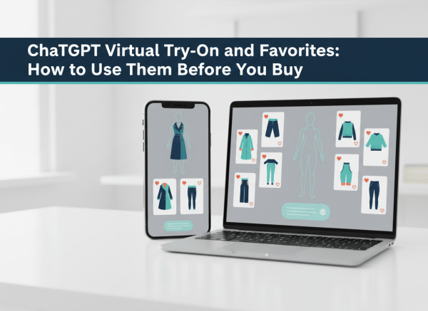 A polished editorial featured image for a blog post titled “ChatGPT Virtual Try-On and Favorites: How to Use Them Before You Buy.” Show a modern shopping and AI interface concept: a smartphone or laptop displaying a neutral virtual try-on silhouette, product cards, favorite-heart icons, and a subtle ChatGPT-inspired conversational interface. Use an inclusive, gender-neutral presentation with no female characters, no people’s faces, and no readable brand logos or text. Clean contemporary technology journalism aesthetic, navy, teal, white, and warm accent colors, realistic but slightly stylized, strong composition with open space for a headline overlay.