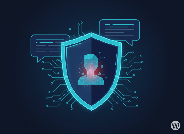 A polished editorial technology illustration for a blog post titled “AgentCloak: Free Tool That Hides Your Personal Data From ChatGPT and Claude.” Show a sleek digital privacy shield protecting a user profile made of anonymized data, with subtle abstract AI chat interfaces and two generic conversational AI silhouettes in the background. Modern cybersecurity aesthetic, deep navy and electric cyan with a small warm accent, clean composition, high contrast, no readable text, no logos, no brand marks, suitable as a WordPress blog featured image.