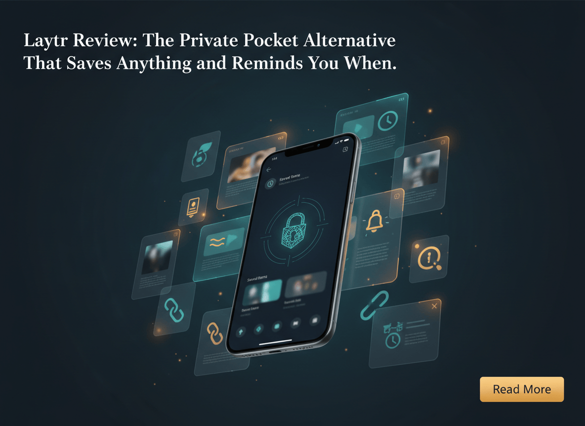 A polished editorial blog featured image for a review titled “Laytr Review: The Private Pocket Alternative That Saves Anything and Reminds You When.” Show a sleek privacy-focused save-and-remind app concept on a smartphone, with floating saved articles, notes, links, and reminder notifications organized around it. Modern productivity aesthetic, dark navy and teal with warm accent highlights, clean uncluttered composition, subtle lock/privacy symbolism, professional tech review style, no logos, no readable text, no brand names, designed for a WordPress blog header.