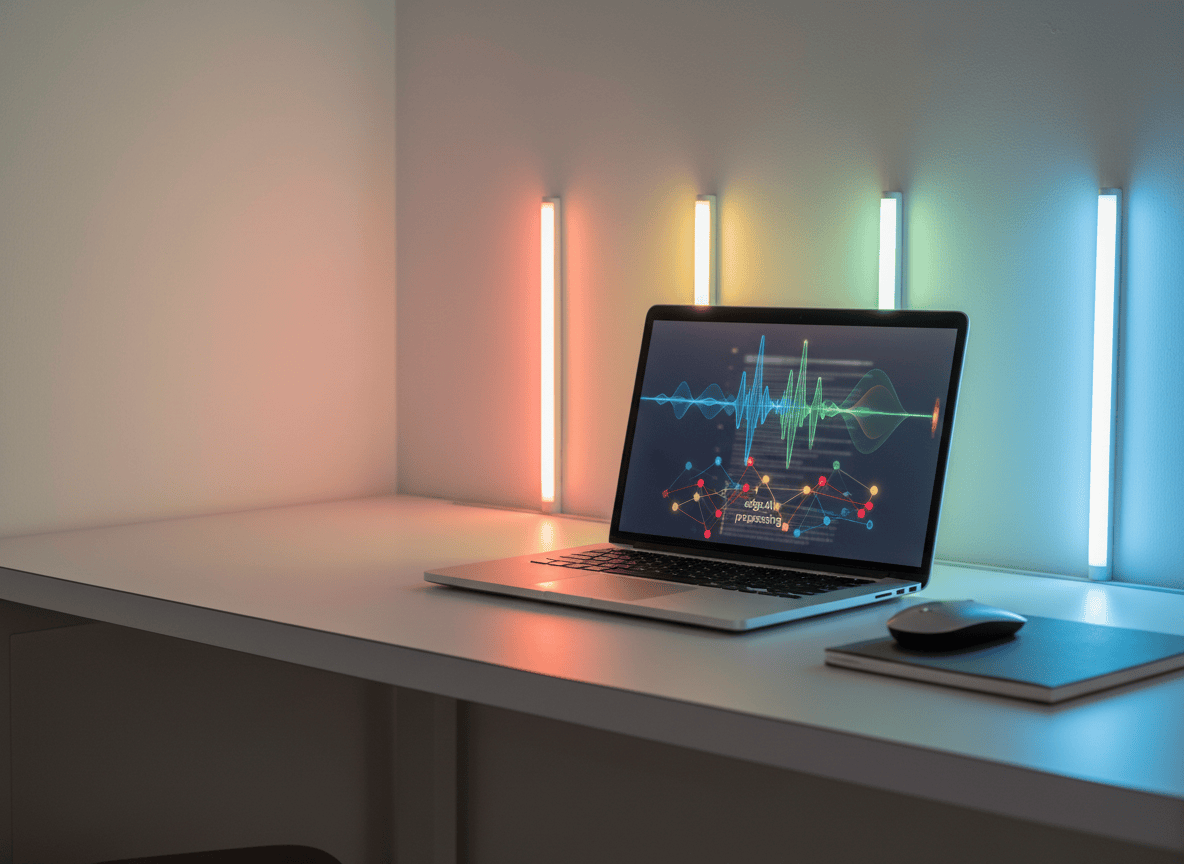 Editorial featured image for a technology blog post about Google AI Edge Foresight: free offline meeting notes on Mac. Show a sleek modern Mac laptop on a clean desk with a subtle meeting transcript and AI waveform interface on screen, abstract edge-AI processing glow, discreet Google-inspired red, yellow, green, and blue accent lights without using a logo or trademarked interface, professional optimistic tech journalism style, high contrast, uncluttered composition with open space for a headline, no readable text.