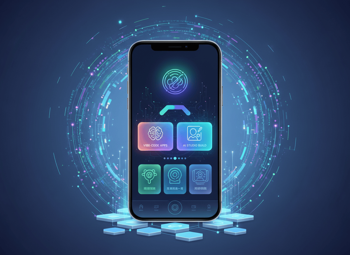 A polished editorial technology illustration for a blog post about Google Play now running private vibe-coded apps and building a first app in AI Studio. Show a modern smartphone displaying a sleek app interface, surrounded by subtle AI-inspired glow, code fragments, and Google Play-style app marketplace cues without using any official logos or trademarked UI. Clean, trustworthy, futuristic but approachable, suitable as a blog featured image, with strong visual focus and generous negative space. No readable text.