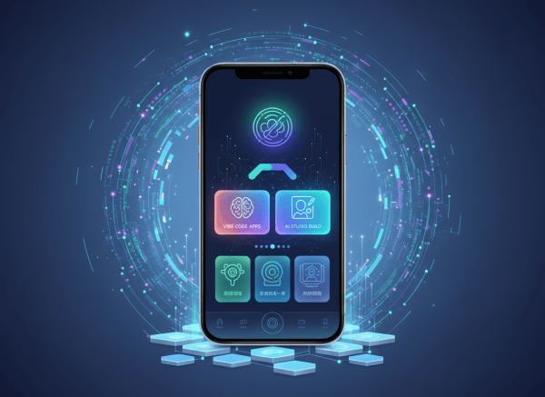 A polished editorial technology illustration for a blog post about Google Play now running private vibe-coded apps and building a first app in AI Studio. Show a modern smartphone displaying a sleek app interface, surrounded by subtle AI-inspired glow, code fragments, and Google Play-style app marketplace cues without using any official logos or trademarked UI. Clean, trustworthy, futuristic but approachable, suitable as a blog featured image, with strong visual focus and generous negative space. No readable text.