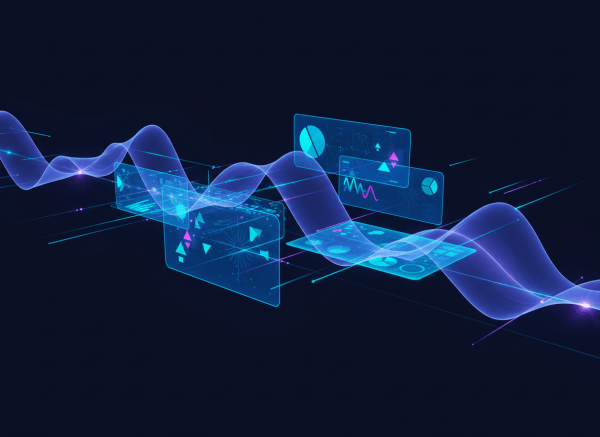 Editorial featured image for a technology news blog post about Claude launching Claude Motion and Dashboards. Show an abstract AI interface with live animated data visualizations: flowing charts, dynamic dashboard panels, glowing data points, and motion trails suggesting real-time analytics. Modern, sophisticated, high-tech but clean; dark navy background with electric blue, violet, and cyan accents. No text, no logos, no readable labels, no people.
