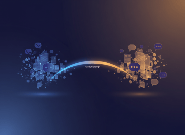 A polished editorial technology illustration for a blog post about fixing context rot in AI assistants with a handoff prompt: two distinct abstract AI conversation workspaces connected by a clean glowing handoff bridge, messy fading fragments on one side transforming into organized, clear context on the other, subtle chat bubbles and document layers, modern blue-violet and warm amber palette, high contrast, professional and intelligent, ample negative space, no readable text, no logos, no brand marks.