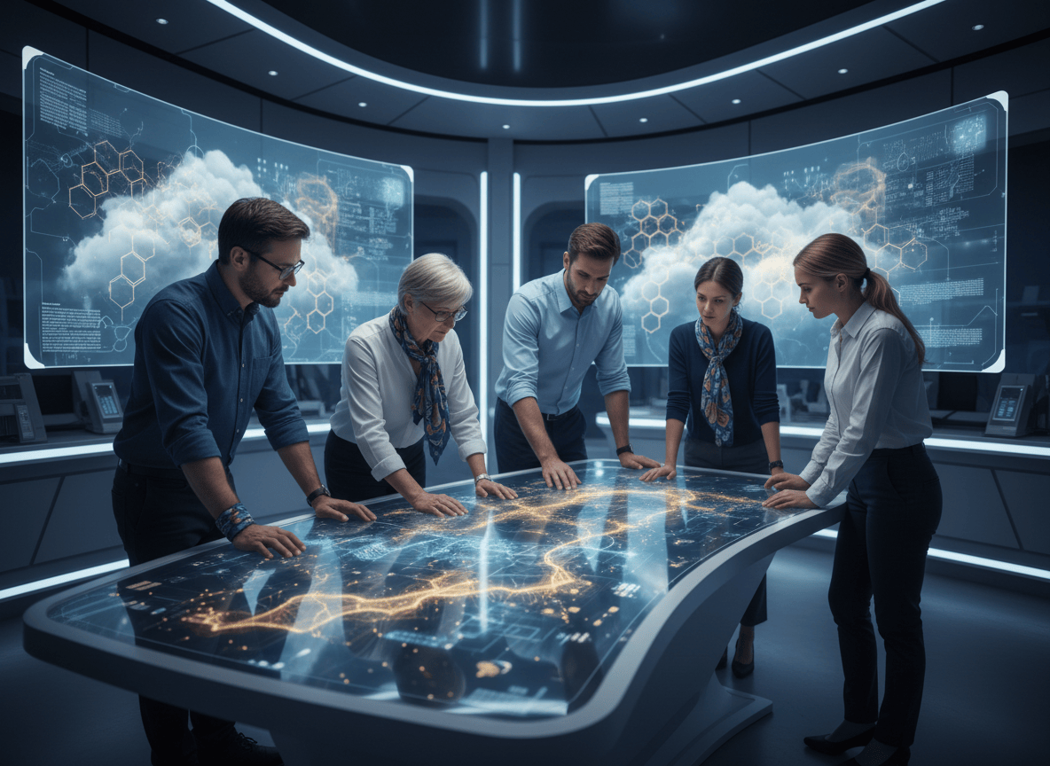 Editorial featured image for a technology news article: a diverse group of European AI researchers collaborating in a sophisticated, futuristic research lab, with abstract visual hints of frontier artificial intelligence models, neural networks, and cloud computing credits. Include subtle European visual cues such as a tasteful blue-and-gold color accent, but no logos, no readable text, no brand marks, and no literal Google logo. Professional, credible, clean composition with clear visual focus and generous negative space for a blog thumbnail.